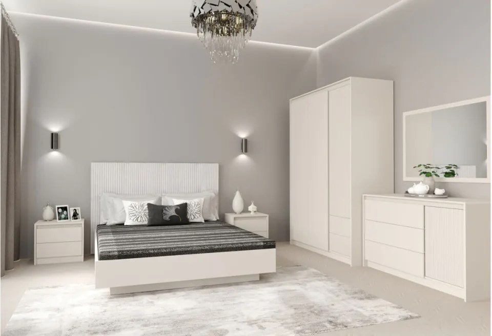 Dormitor cu Riflaje, Monaco, Pat Tapitat cu somiera rabatabila, Dulap 3 Usi 2 Sertare, 2 Noptiere, Comoda 1 Usa 3 Sertare, Casmir