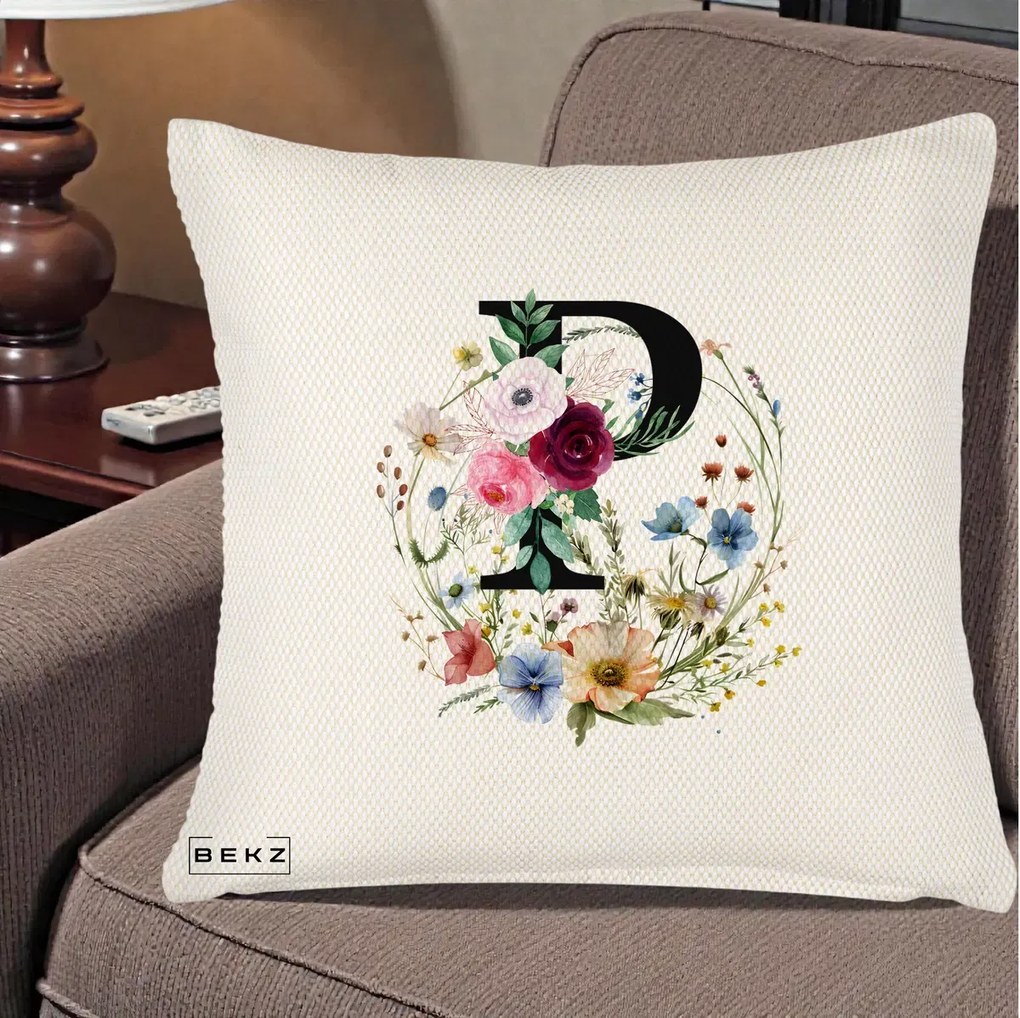 Cadou Personalizat - Perna Personalizata Monogram Litera P cu Flori Acuarela, 40x40 cm, Crem Reliefat, Husa Detasabila, Perna Inclusa, BEKZ®