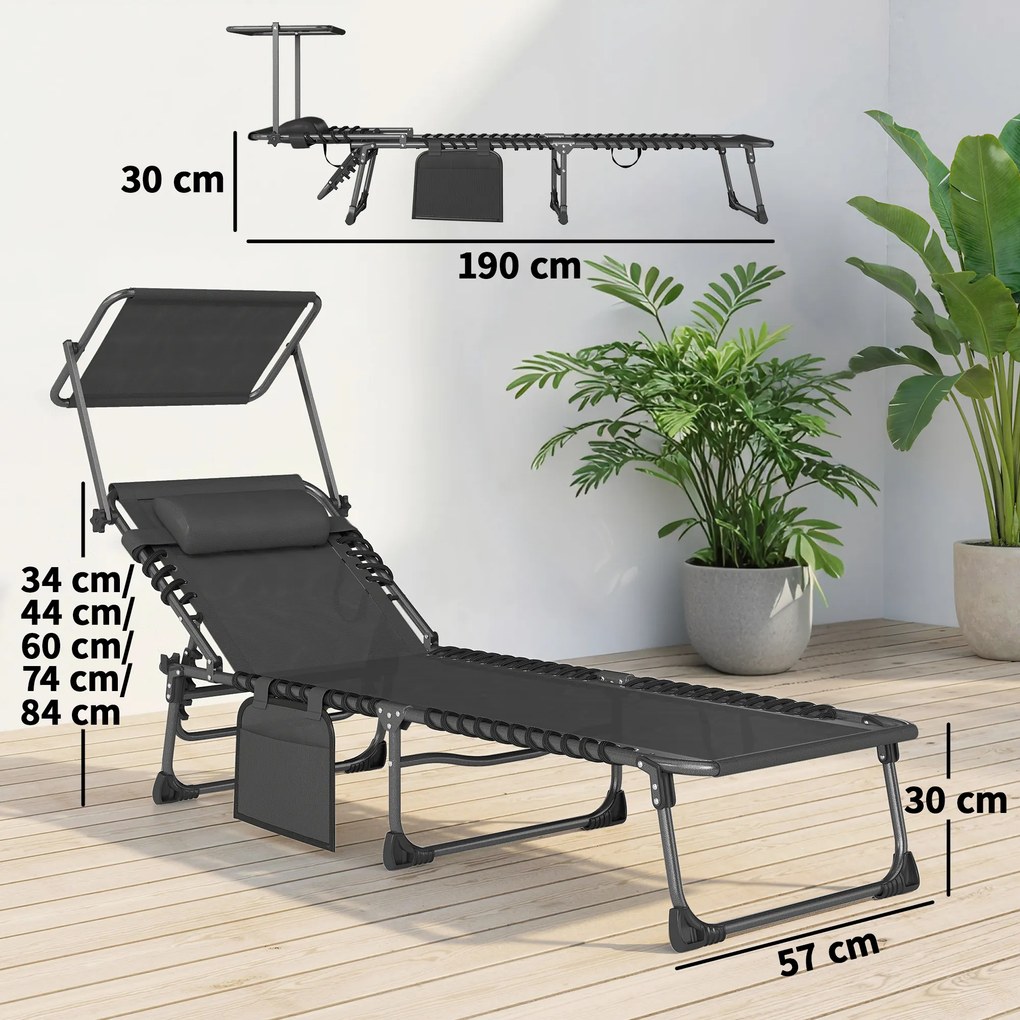 Outsunny Set de 2 șezlonguri pliabile cu suport pentru cap parasolar buzunar lateral și spătar reglabil în 5 poziții negru | Aosom Romania