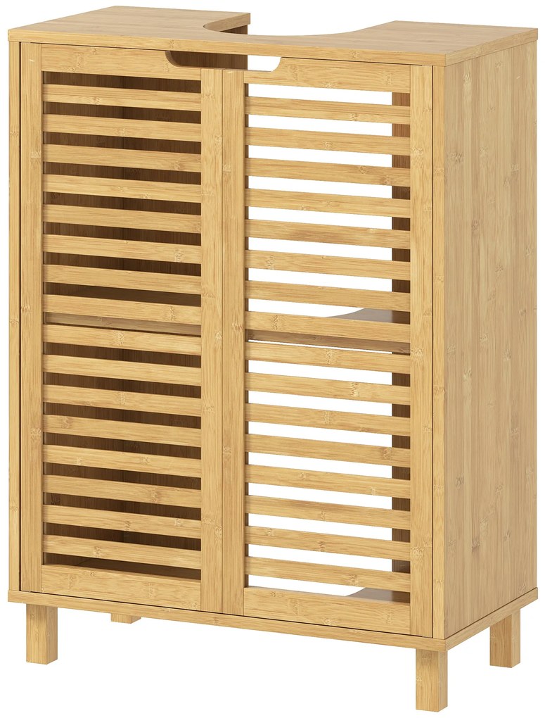 HOMCOM Dulap Sub Lavoar din Bambus cu 2 Uși cu Lamele, Poliță Reglabilă pentru Lavoare cu sau fără Stativ, Natural | Aosom Romania