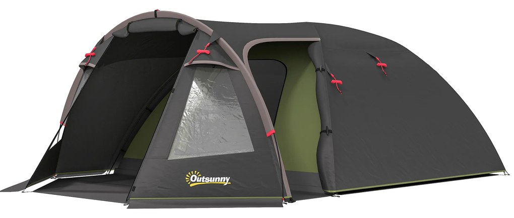 Outsunny Cort de camping familial pentru 2-4 persoane, cort tunel impermeabil 3000 mm 3 uși, 3,6 x 2,5 x 1,3 m, negru | Aosom Romania