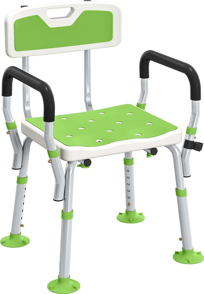 HOMCOM Taburet scaun de duș ergonomic înălțime reglabilă picioare antiderapante 56,5 x 53,5 x 87 cm blanc et vert | Aosom Romania