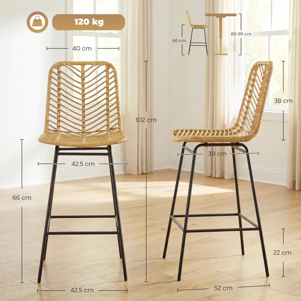 HOMCOM Lot de 2 taburete de bar design boem Înălțime 66 cm cu suport pentru picioare din metal și răchită PE, natural | Aosom Romania