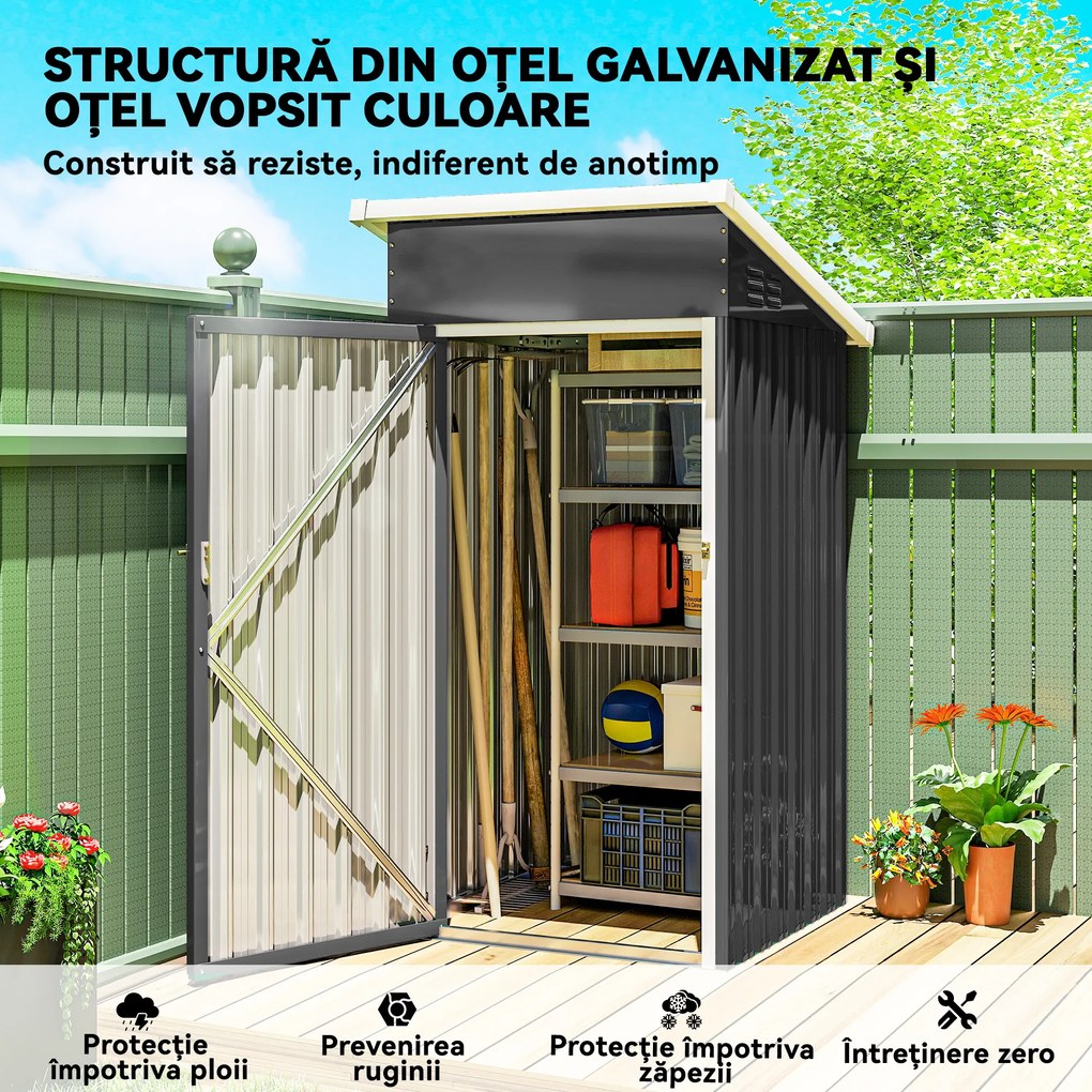 Outsunny Magazie de Grădină 0,74m² din Oțel Galvanizat cu Guri de Aerisire, Magazie cu Ușă Blocabilă, Acoperiș Înclinat, Mănuși, Depozitare Unelte, 107,5x91x185 cm, Gri Închis | Aosom Romania