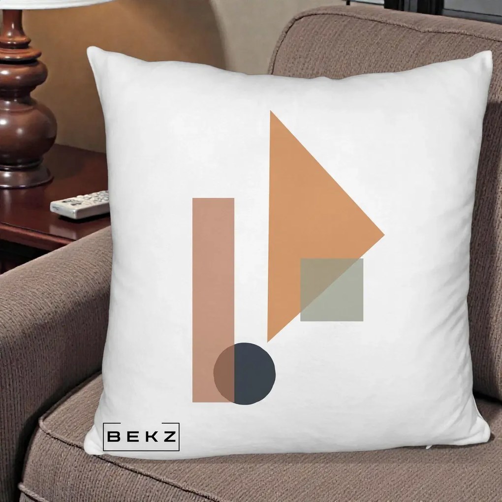 Perna Decorativa Geometric Bauhaus Triunghi, 40x40 cm, Alb Pufos, Husa Detasabila, Perna Inclusa, BEKZ®