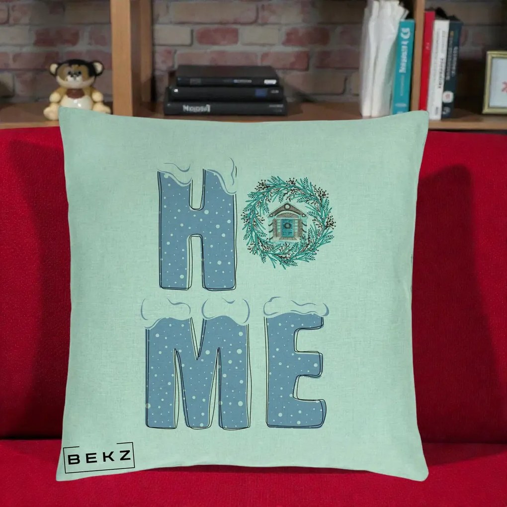 Perna Decorativa HOME Iarna cu Coroana, 40x40 cm, Verde Menta, Husa Detasabila, Perna Inclusa, BEKZ®