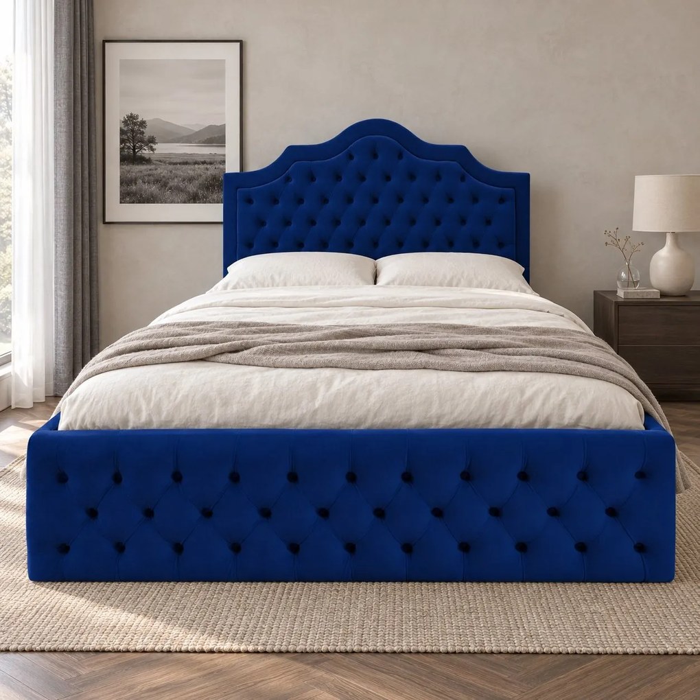 Pat tapițat din catifea Imperio cu nasturi 180×200 cm, bleumarin, cu ladă de depozitare
