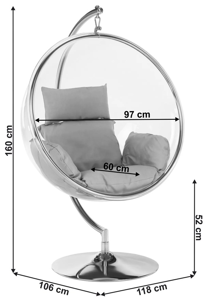 Scaun suspendat cu suport, transparent/ argintiu/ gri, BUBBLE TIP 3