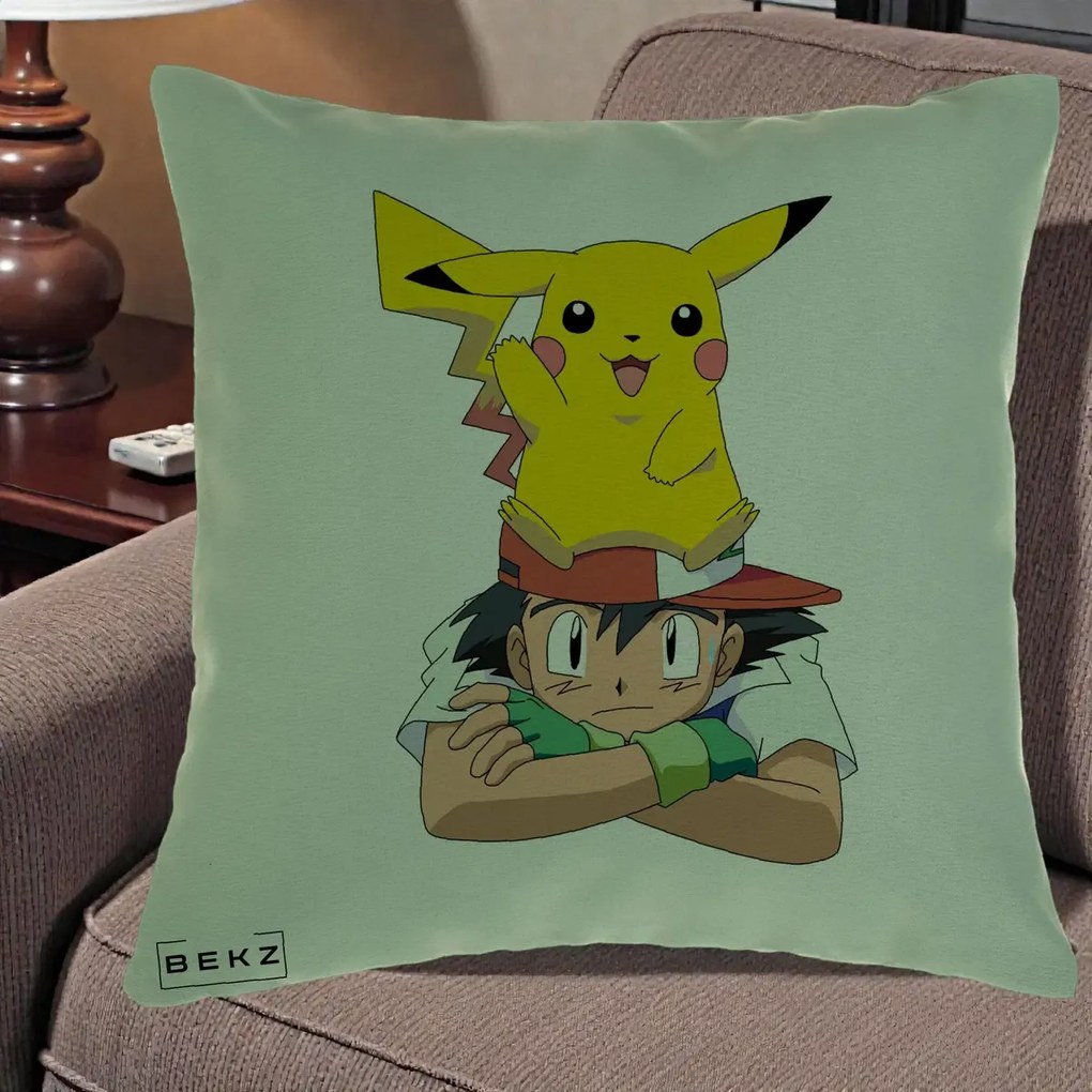 Perna Personalizata Ash si Pikachu, 40x40 cm, Verde, Husa Detasabila, Perna Inclusa, BEKZ®