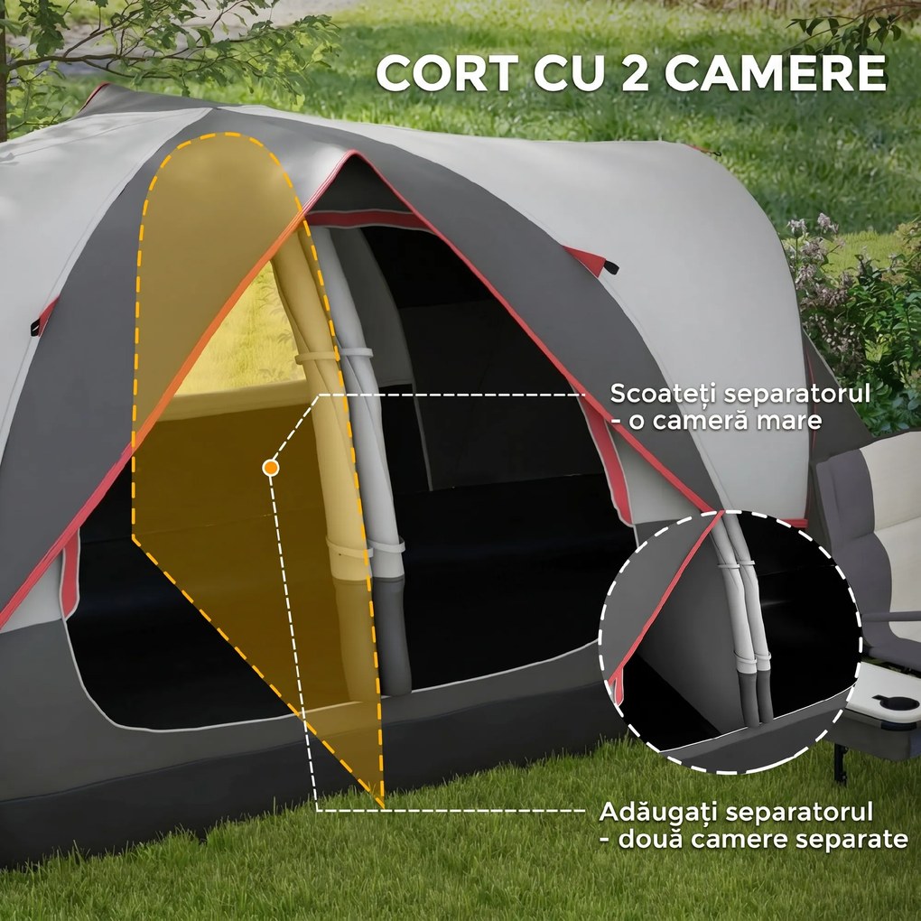 Outsunny Cort de Camping pentru 6-8 Persoane cu 2 Camere Separate și Uși cu Fermoar, 450x215x180 cm, Gri | Aosom Romania