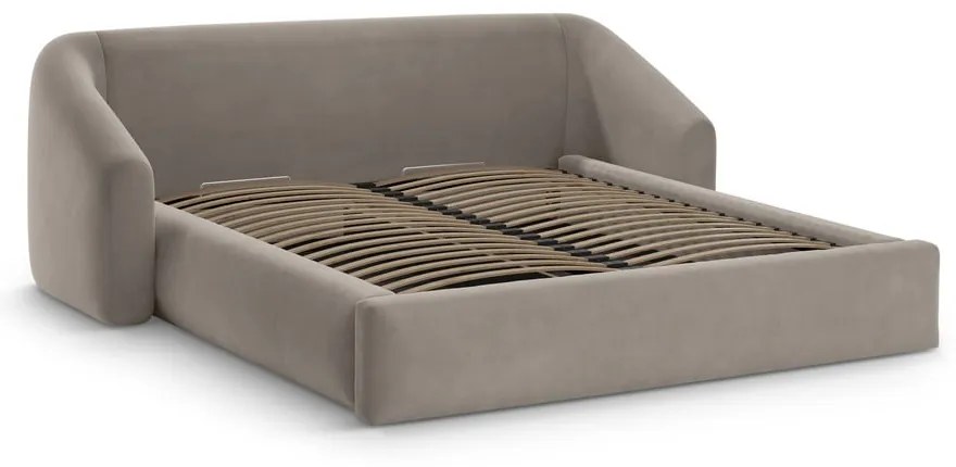 Pat matrimonial maro deschis tapițat cu spațiu de depozitare cu somieră 140x200 cm Campi – Cosmopolitan Design