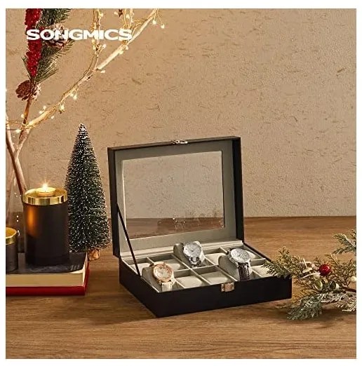Cutie pentru ceasuri, Songmics, capacitate 20.2 x 25.5 x 7.8 cm, JWB010BK, Gri