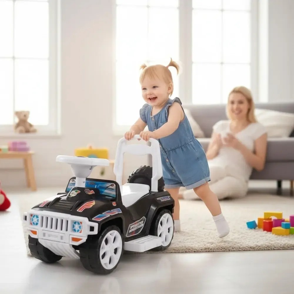 Masinuta copii si bebe NOVOKIDS™ My first SUV Car XXL , Lungime 85 cm, Maner de impins pentru parinti detasabil, Functie trotineta fara pedale,