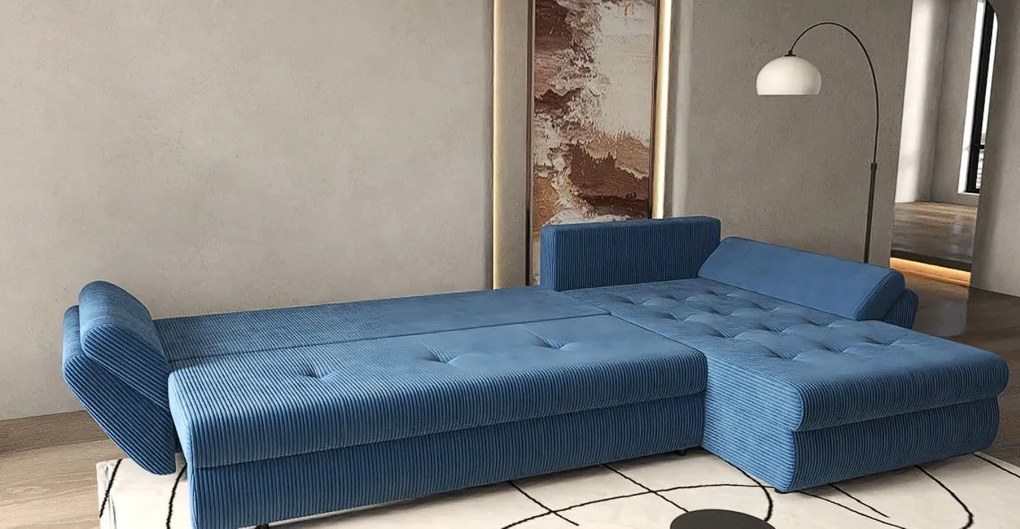 Colțar extensibil dumonde cu ladă de depozitare si sezut confortabil din spuma high-density, Loana XL Zoom Albastru 335x185 cm