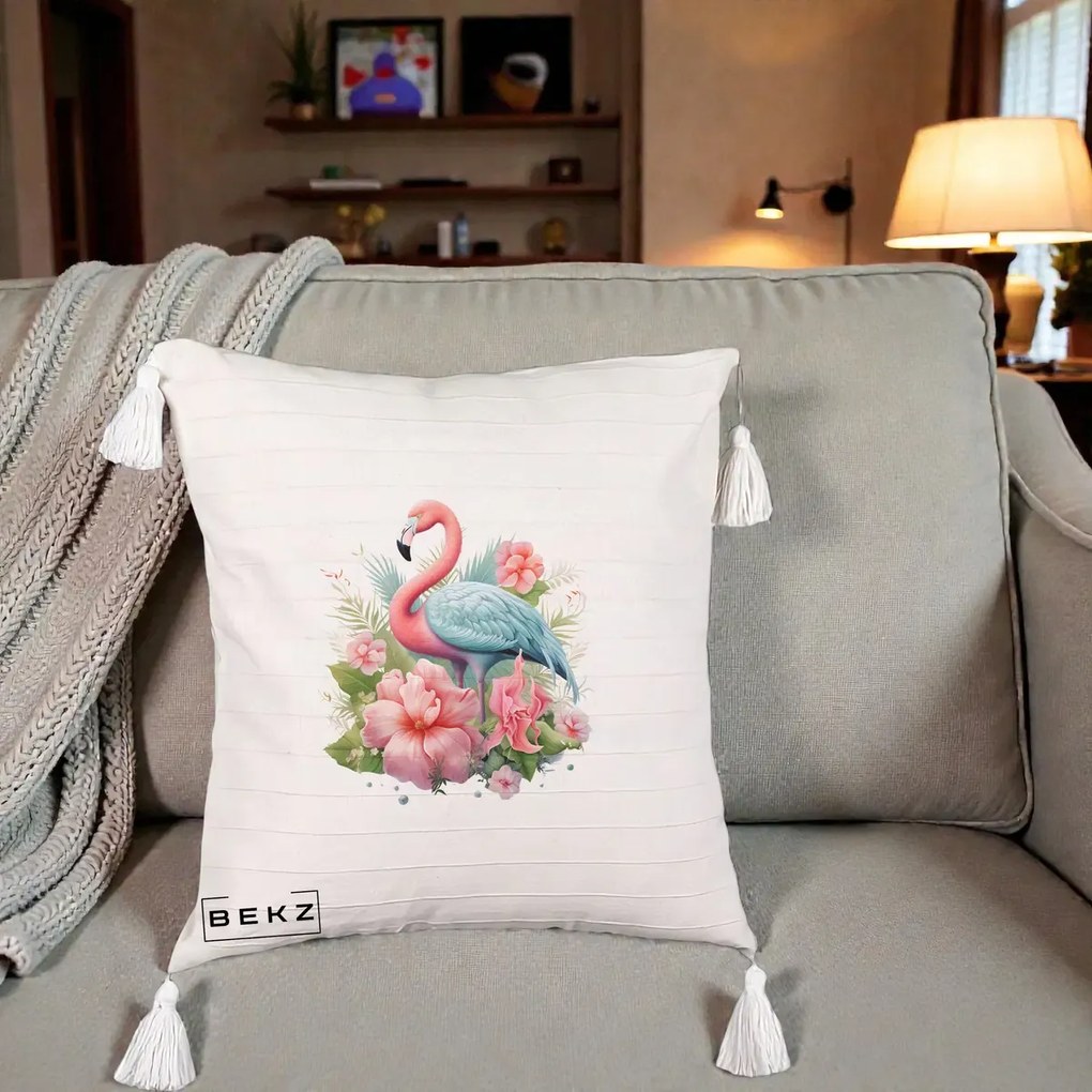 Perna Decorativa Flamingo cu Hibiscus Tropical, 40x40 cm, Bej cu Franjuri, Husa Detasabila, Perna Inclusa, BEKZ®