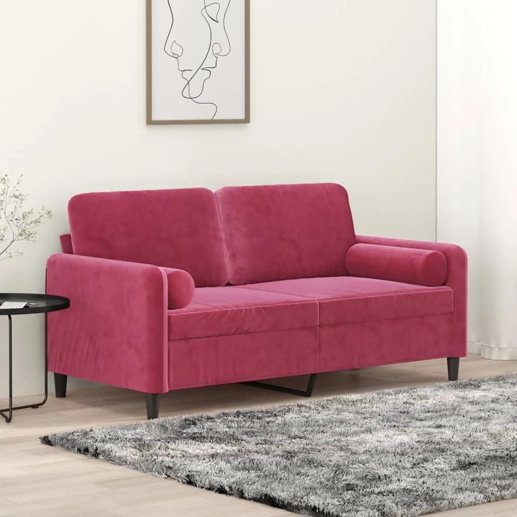 Canapea cu 2 locuri cu pernute, rosu vin, 140 cm, catifea