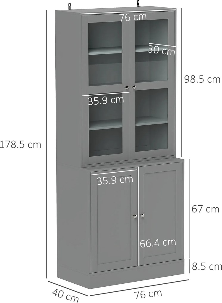 HOMCOM Bibliotecă vitrină, corp de depozitare cu 6 niveluri cu 4 uși dintre care 2 din sticlă securizată, rafturi reglabile, alb | Aosom Romania
