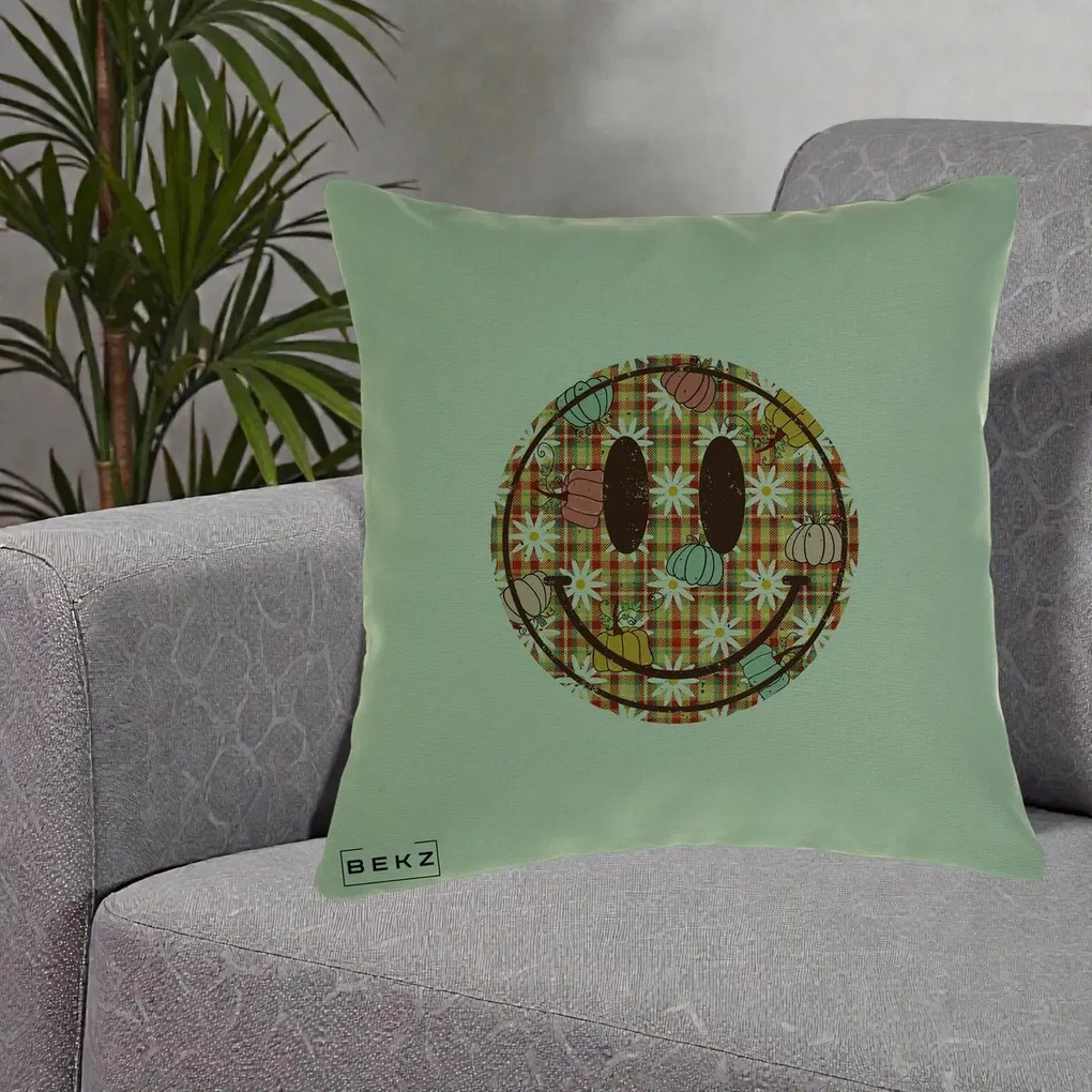 Perna Decorativa Smiley Face de Toamna cu Tartan si Dovlecei, 40x40 cm, Verde, Husa Detasabila, Perna Inclusa, BEKZ®