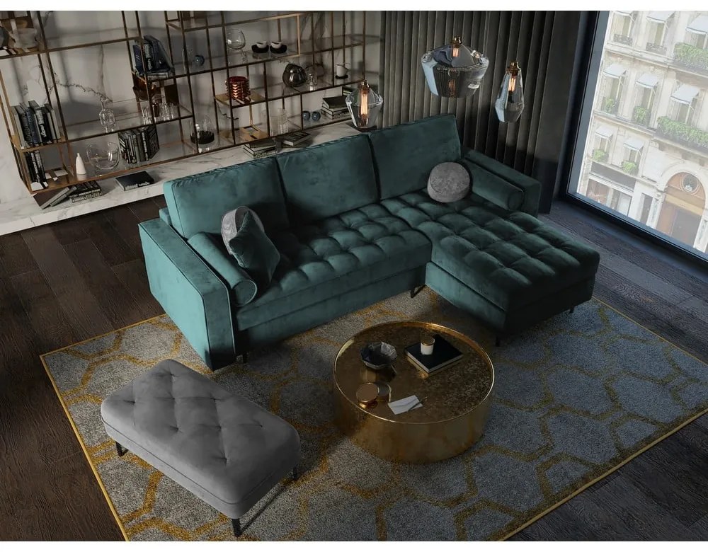 Colțar extensibil din catifea cu șezlong dreapta Milo Casa Santo, verde petrol