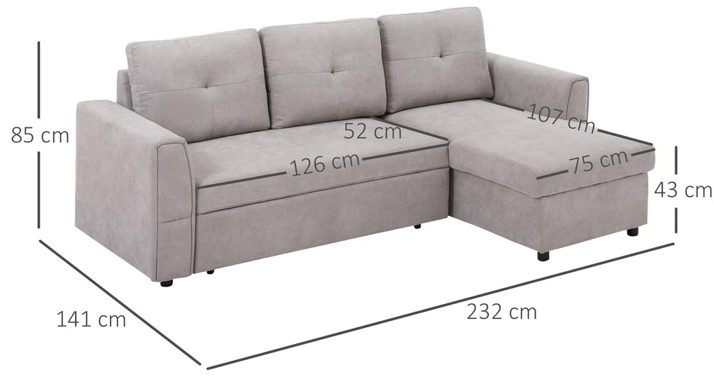 HOMCOM Canapea extensibilă de 3 locuri cu funcție de pat, canapea extensibilă cu șezlong, tapitată, Gri | Aosom Romania