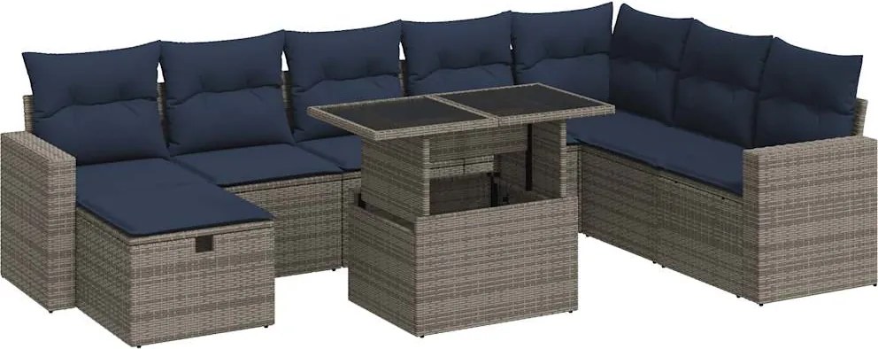vidaXL Set canapele de grădină cu perne, 9 piese, gri, poliratan