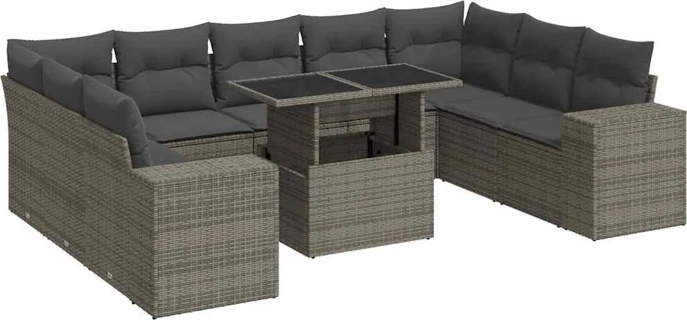 vidaXL Set mobilier de grădină cu perne, 10 piese, gri, poliratan