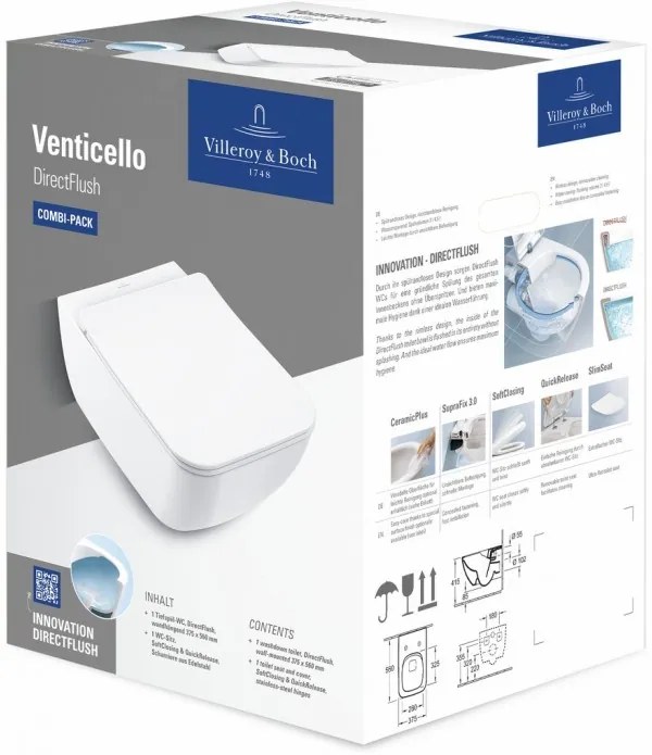 Set vas WC rimless suspendat, Villeroy&amp;Boch Venticello, DirectFlush, cu capac inchidere lenta, 37.5x56cm, Alb Alpin, 4611RS01