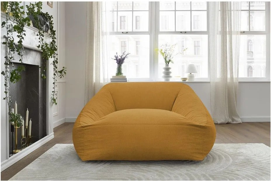 Fotoliu bean bag galben cu tapițerie din catifea reiată Lilibet – Bobochic Paris