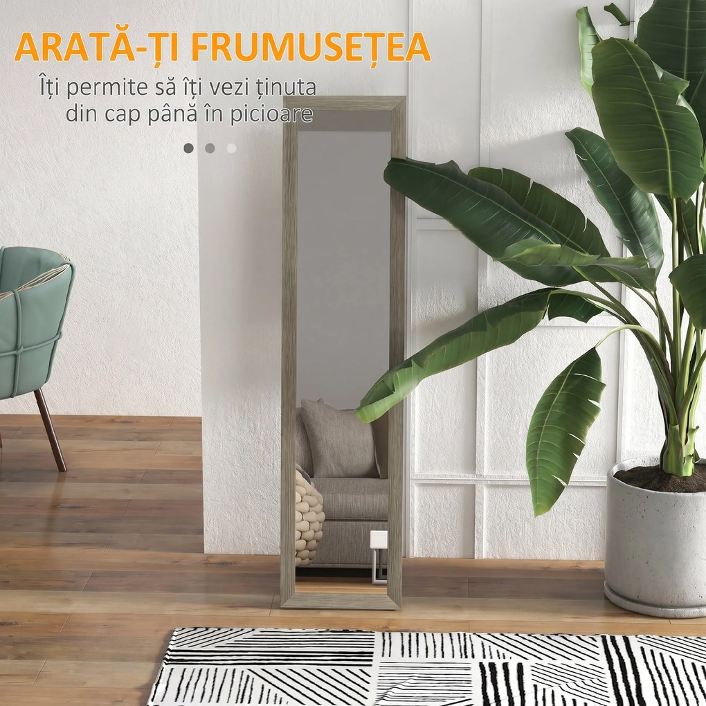 HOMCOM Oglindă Autoportantă Modernă, 37x157 cm, Oglindă de Perete și de Podea în Mărime Naturală cu Ramă din Lemn și Suport, pentru Dormitor, Living și Hol, Gri | Aosom Romania