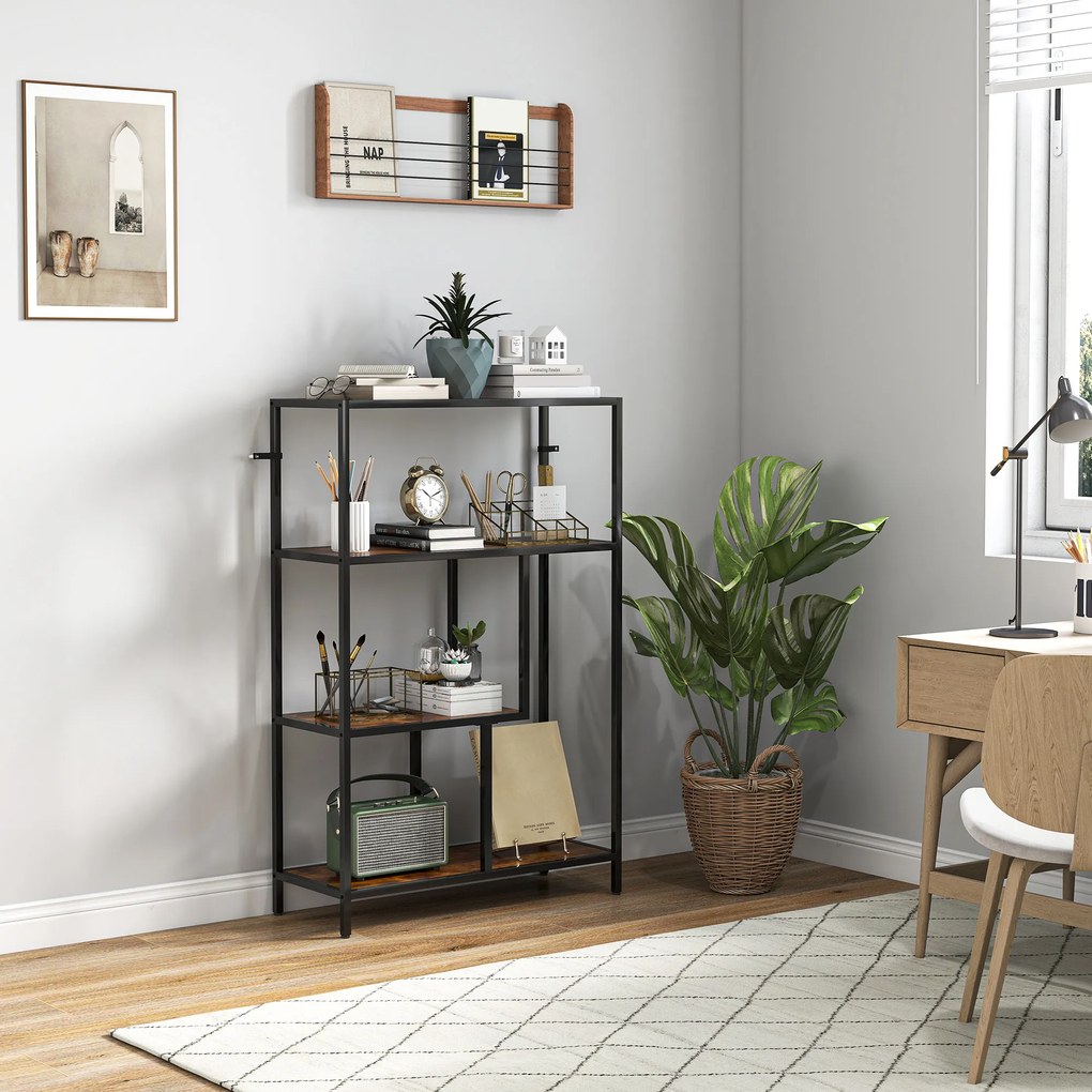 HOMCOM Bibliotecă cu 4 Rafturi, Stil Industrial, Lemn și Metal, 77x30x116cm, Maro | Aosom Romania