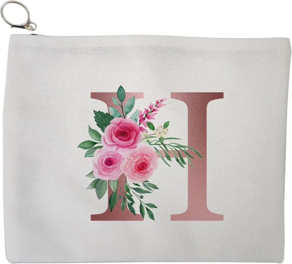 Portfard Cosmetice tip Plic, Cu litera H Rose Gold si Trandafiri, 23x18 cm, Alb, BEKZ®