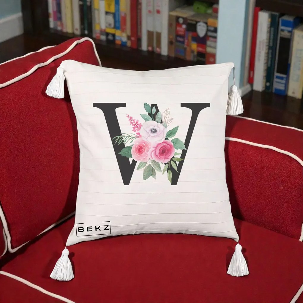 Cadou Personalizat - Perna Personalizata Monograma Florala Litera W cu Trandafiri si Anemona, 40x40 cm, Bej cu Franjuri, Husa Detasabila, Perna Inclusa, BEKZ®