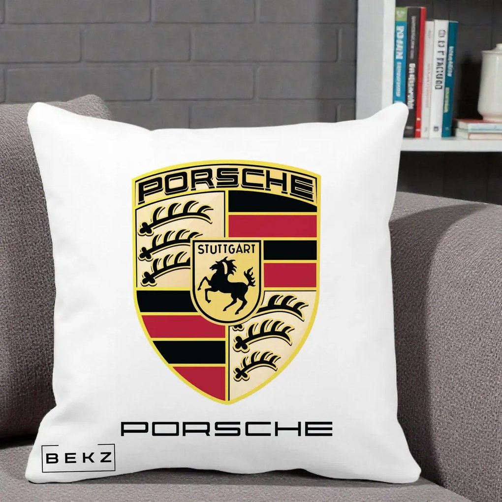 Perna Personalizata Porsche Stuttgart, 40x40 cm, Alba Mata, Husa Detasabila, Perna Inclusa, BEKZ®
