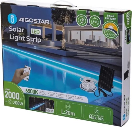 Aigostar - Bandă LED solară dimabilă, 20 W, 3,2 V, 20 m, 6500 K, IP65, cu telecomandă