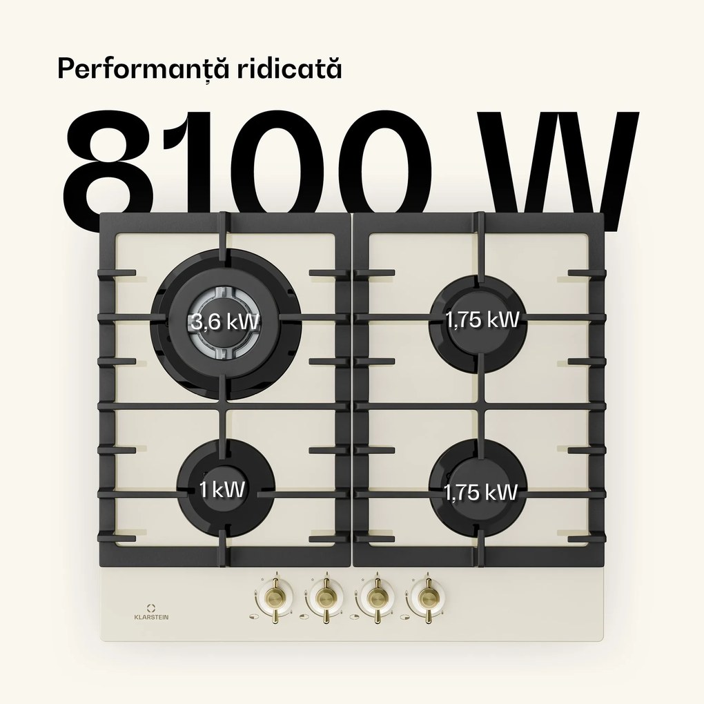 Klarstein Victoria 4 Zonen, plită pe gaz, 4 arzătoare, sticlă ceramică, alb fildeș