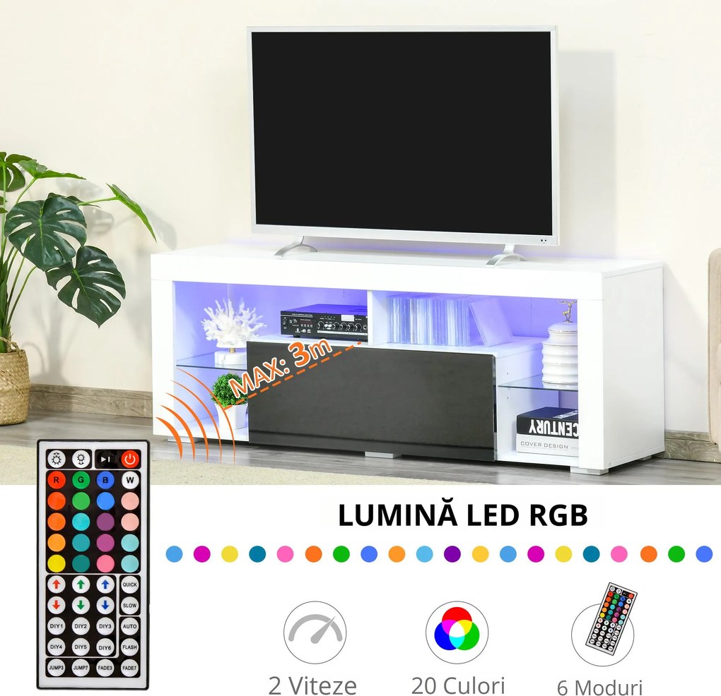 HOMCOM Suport TV cu Iluminare LED Multicoloră și Telecomandă, pentru Televizoare până la 55", Dulapior cu Sertare Lemn Alb Lucios | Aosom Romania