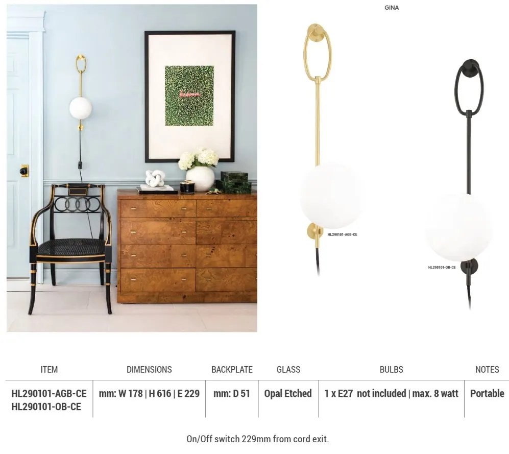 Aplica de perete portabila, cu intrerupator pe cablu, design modern GINA, bronz antichizat