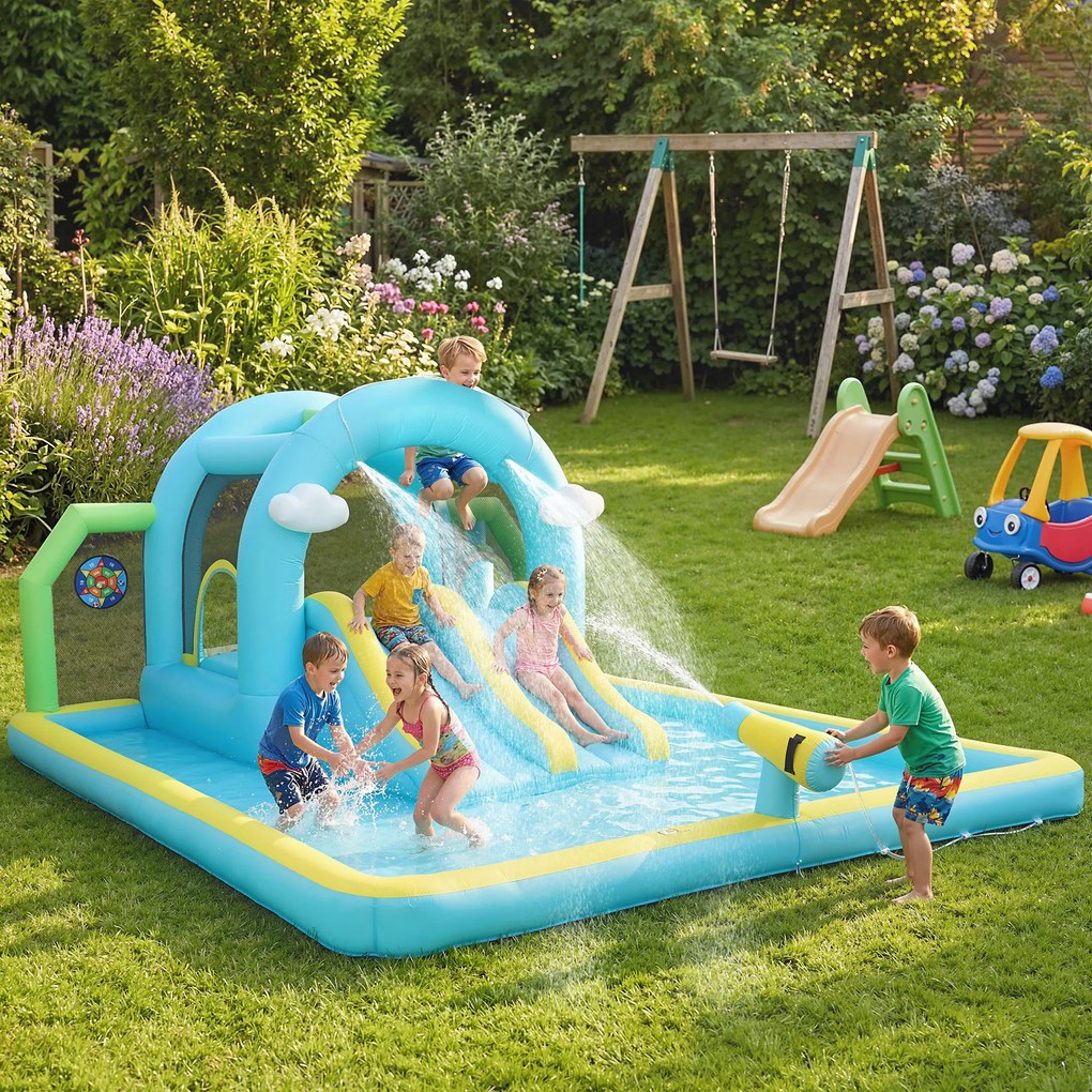 AIYAPLAY Castel Gonflabil Acvatic 7 în 1 cu Suflantă 2 Tobogane Trambulină Piscină Coș Coloană de Box 426x360x198 cm | Aosom Romania