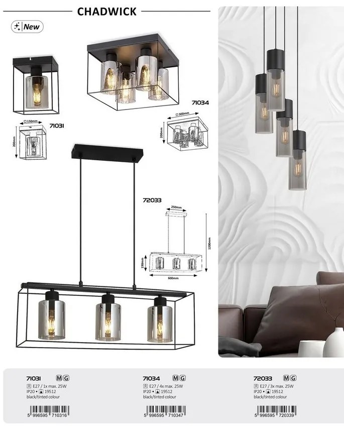 Lustra suspendata design modern Chadwick negru, fumuriu