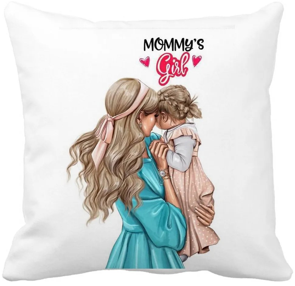 Perna Decorativa Patrata Mommy&apos;s Girl, 40x40 cm, Alba, Mata, Husa Detasabila, Burduf