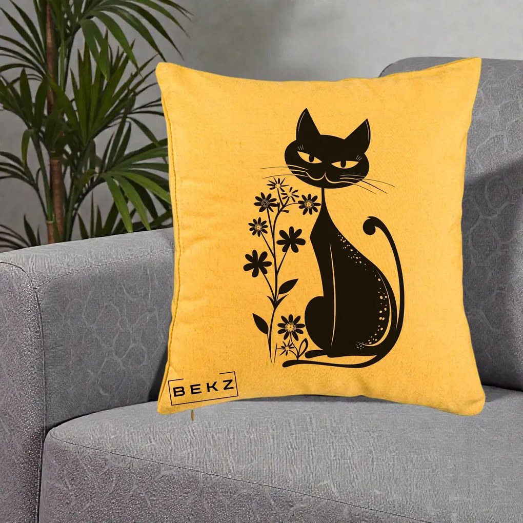 Perna Decorativa Pisica Neagra Grafica Minimalista, 40x40 cm, Galben, Husa Detasabila, Perna Inclusa, BEKZ®