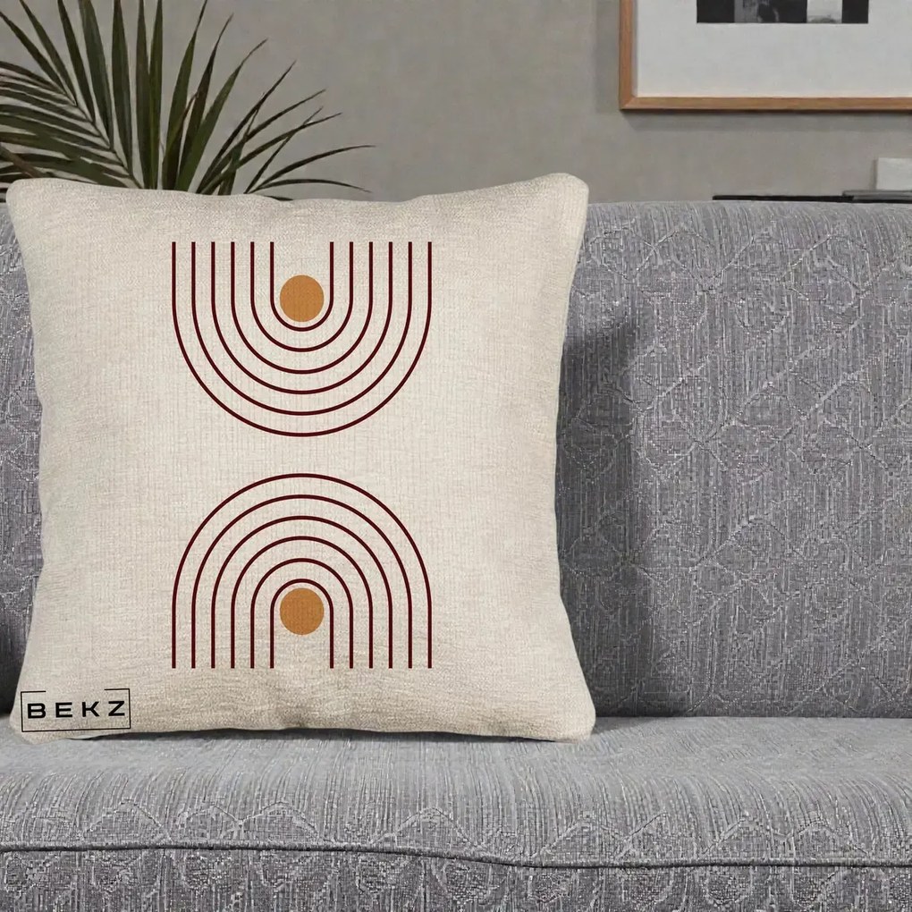 Perna Decorativa Geometric Boho Arc, 40x40 cm, Bej Canapea, Husa Detasabila, Perna Inclusa, BEKZ®