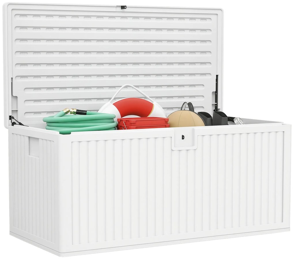 Outsunny Cufăr de Exterior de 140L Impermeabil cu Design Canelat și 2 Pistoane cu Gaz, 140x68x68 cm, Alb | Aosom Romania