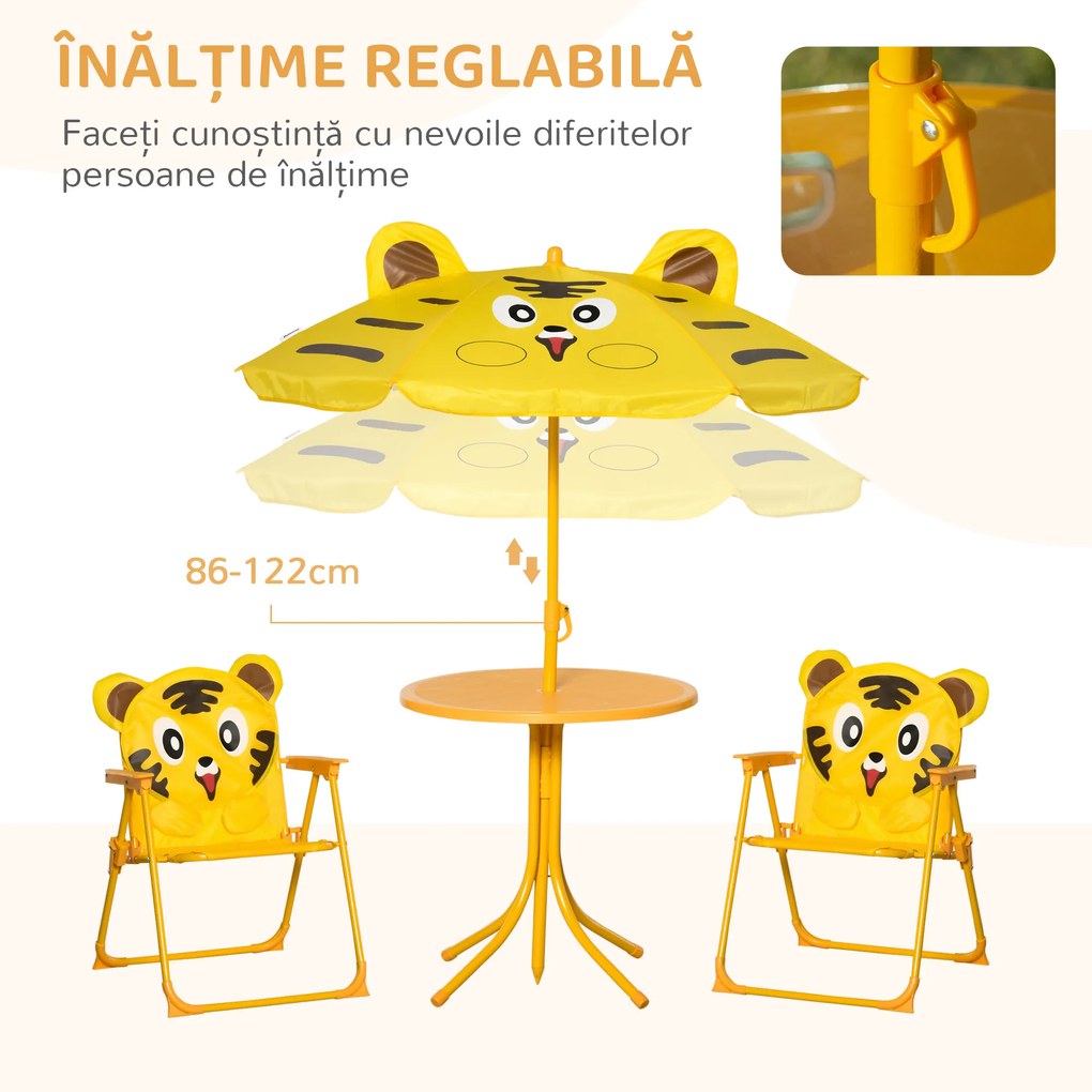 Outsunny Set de Grădină 4 Piese pentru Copii cu Model Tigru și Măsuță Rotundă, 2 Scaune Pliabile și o Umbrelă Reglabilă, Măsuță cu Scaune pentru Copii 3-6 Ani de Exterior, Galben | Aosom Romania
