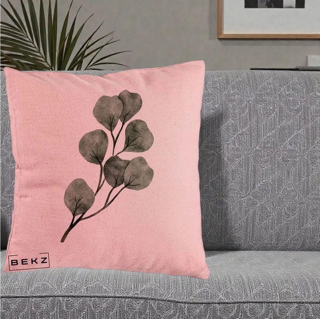 Perna Decorativa Ramura Eucalipt Acuarela, 40x40 cm, Roz, Husa Detasabila, Perna Inclusa, BEKZ®
