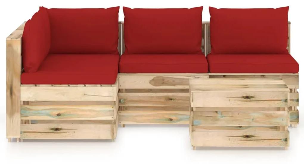Set mobilier gradina cu perne, 5 piese, lemn verde tratat rosu si maro, 5