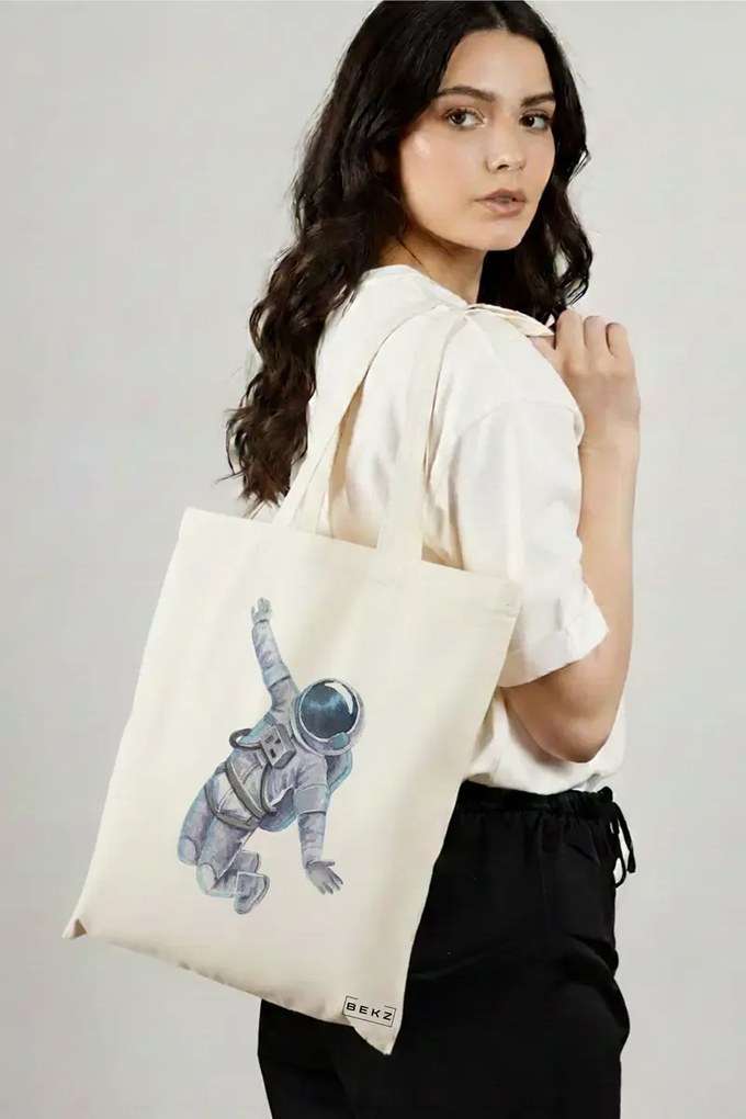 Sacosa de Panza pentru Cumparaturi, Geanta Tote, model Astronaut, 38x34.5 cm, Alba, BEKZ®