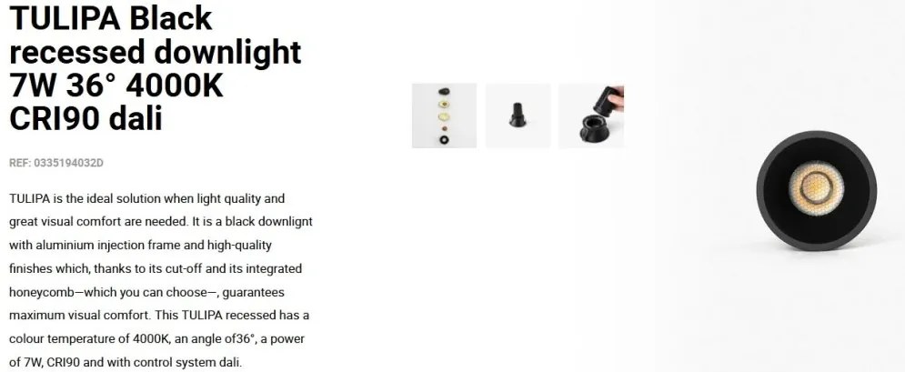 Spot LED incastrabil TULIPA Black recessed downlight 7W 36° 4000K CRI90 dali
