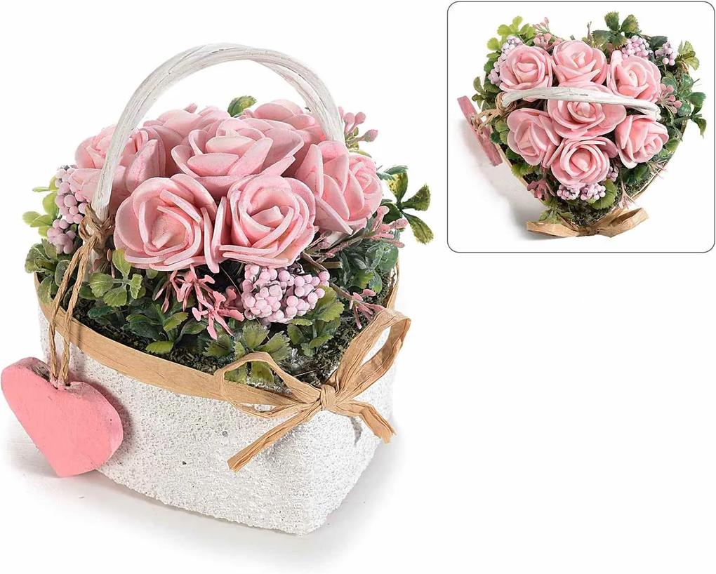 Aranjament cu trandafiri artificiali model inima roz verde 9 cm x 9 cm x 9 cm H
