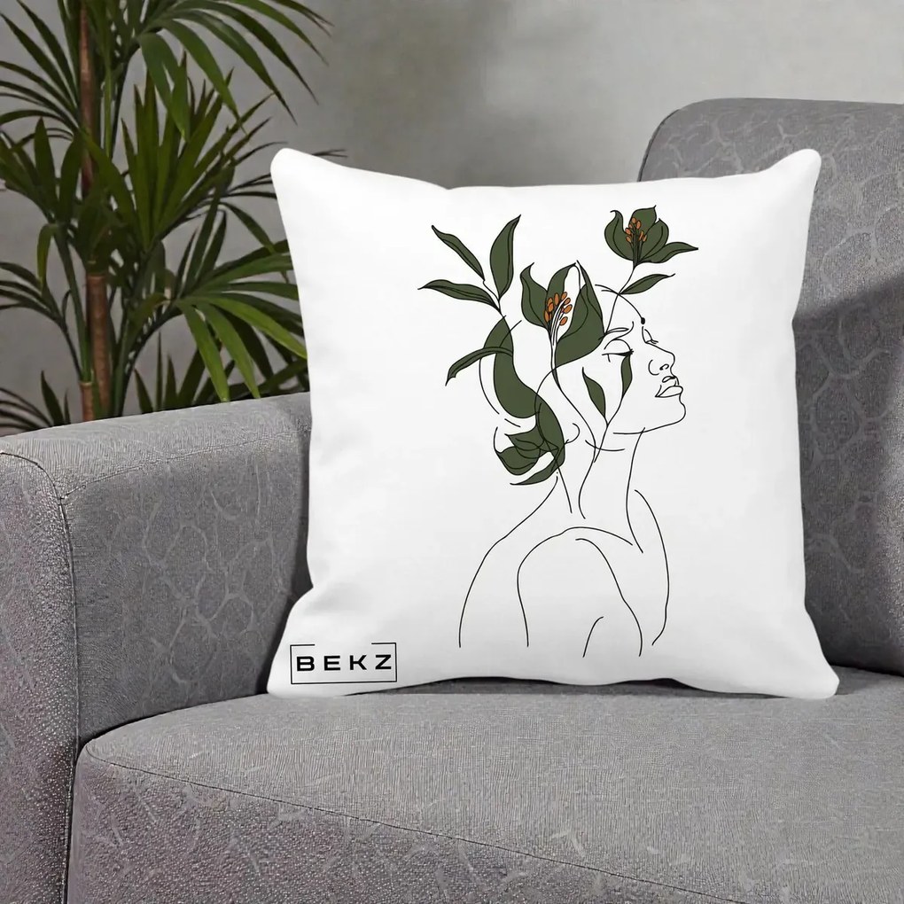 Perna Decorativa Portret Feminin Crin Verde, 40x40 cm, Alba Mata, Husa Detasabila, Perna Inclusa, BEKZ®